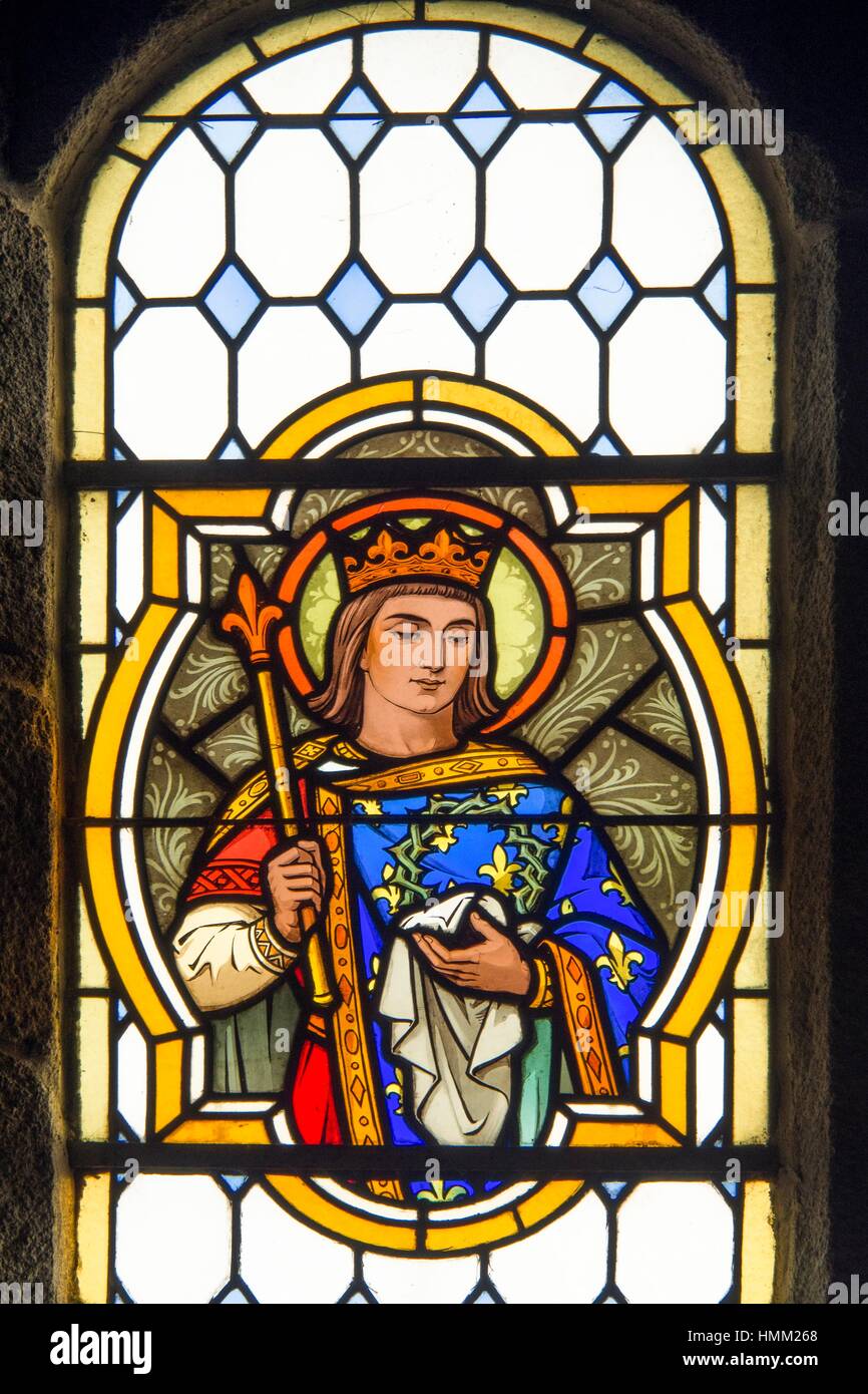 Stained glass window depicting Saint Louis, King of France, at the Neau  church, Mayenne, Pays de la Loire, France Stock Photo - Alamy