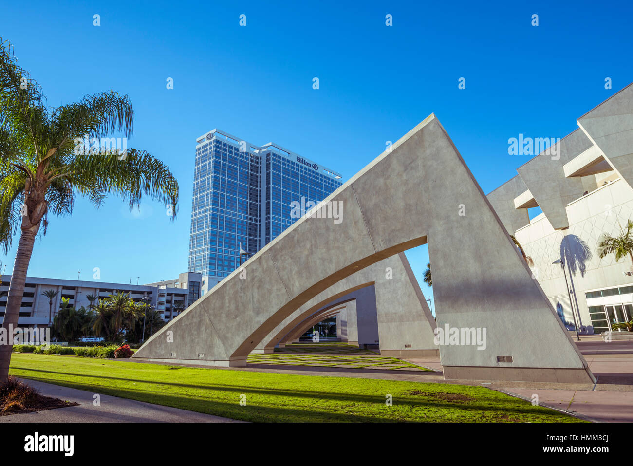 Architecture at the San Diego Convention Center grounds; the Hilton San Diego Bayfront in the background. San Diego, California. Stock Photo