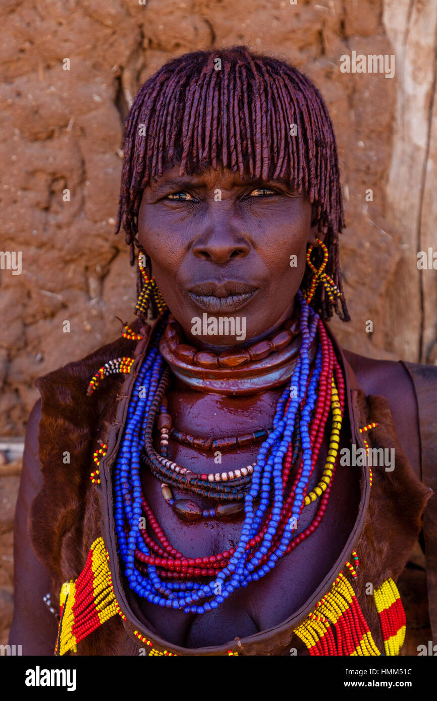 Portrait Of A Hamer Tribeswoman At The Turmi Monday Market, Turmi, Omo Valley, Ethiopia Stock Photo