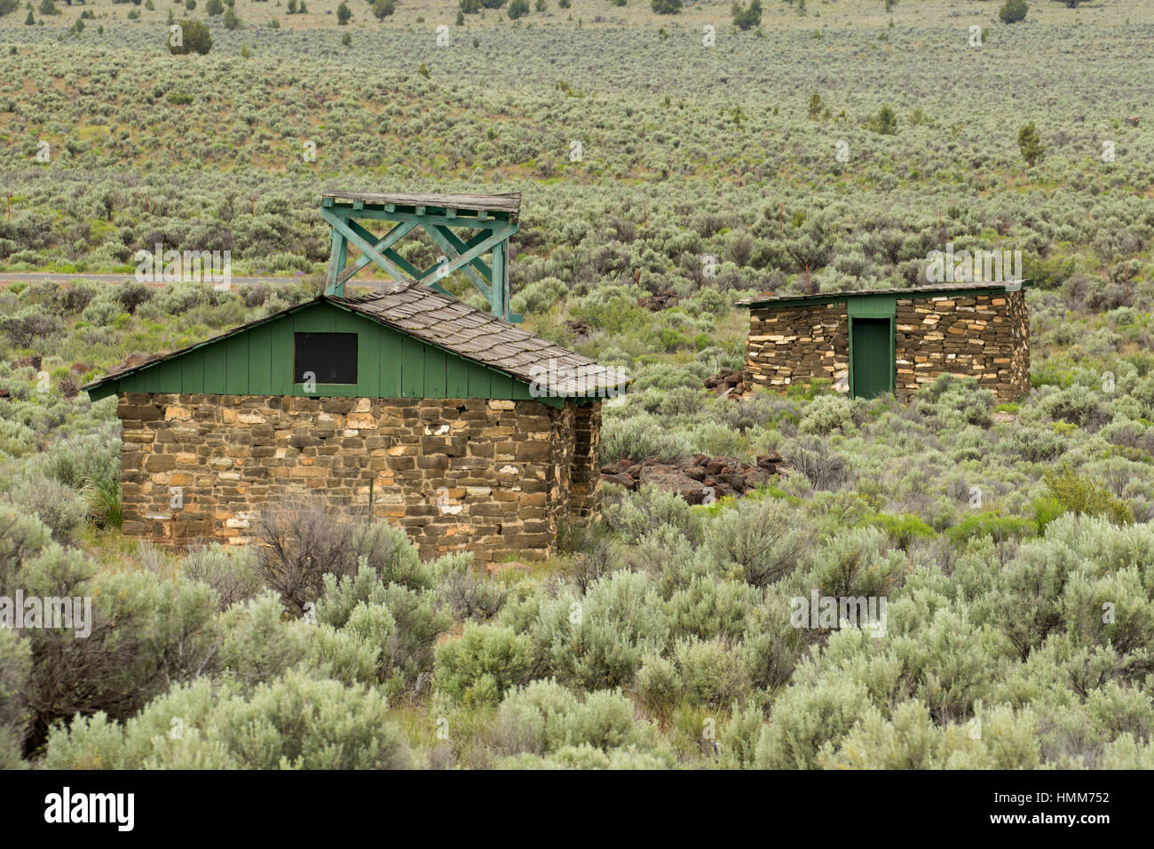 Southern Rock Building with Water tower and Cold Storage Building, Camp Gap Ranch, Burns District Bureau of Land Management, Oregon Stock Photo