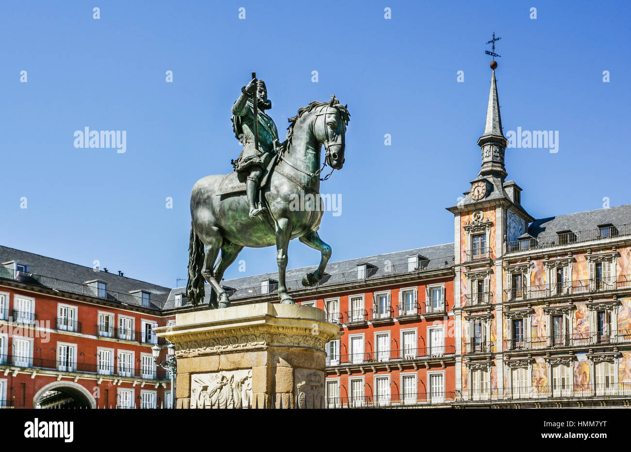 Spain, Madrid, Centro, Plaza Mayor, view of Felipe III memorial and Casa de la Panadería Stock Photo
