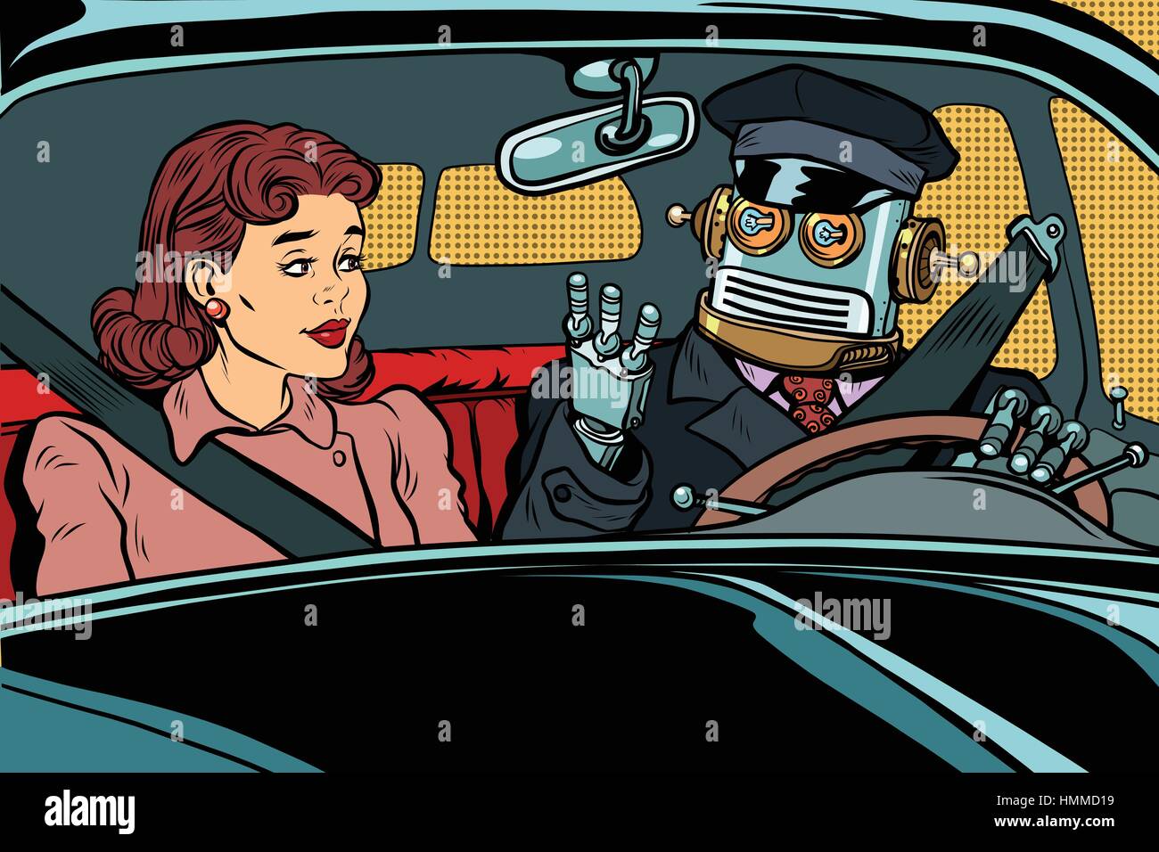 Vintage retro robot autopilot car, woman passenger in unmanned v Stock Vector