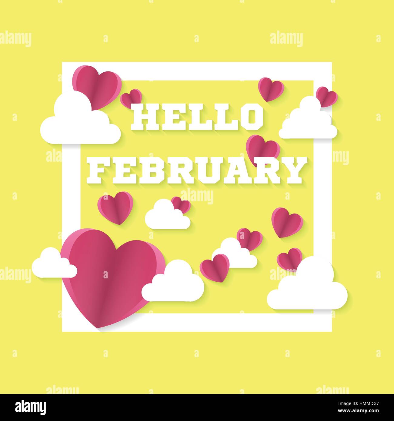 Hello February sign with hearts and clouds in square. Valentine's day ...