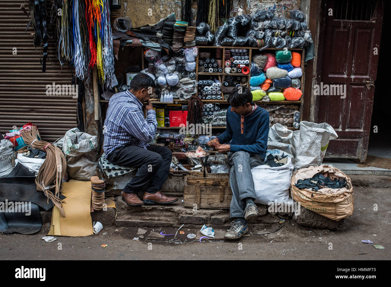 Shoe sole and thread market stall vendors, old delhi Stock Photo