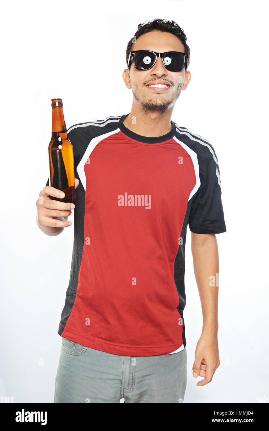smiling arab man in sunglasses with beer isolated on white Stock Photo