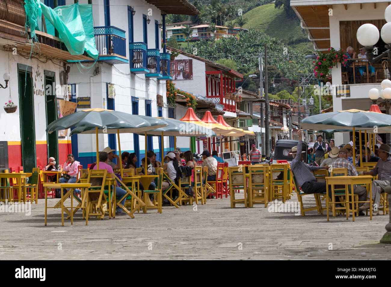 October 1, 2016 El Jardin, Colombia: the main plaza of the colonial town fills up with tourists on weekends Stock Photo