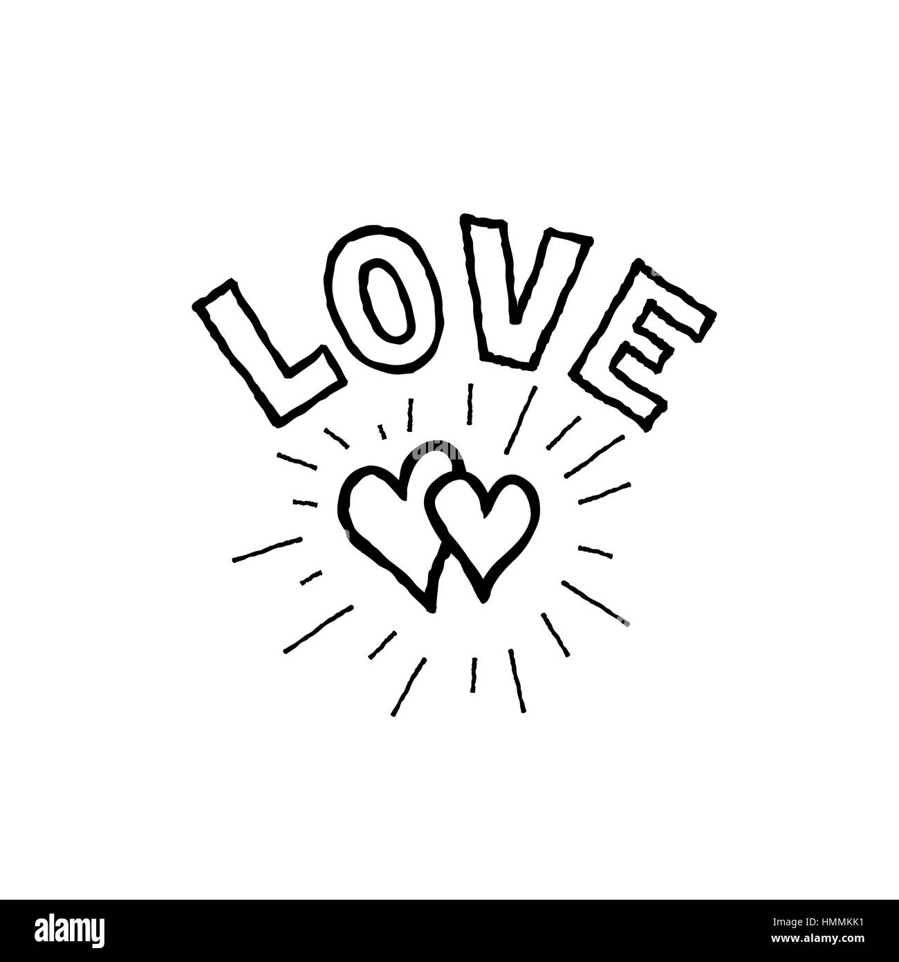 Doodle love hearts with handwritten lettering LOVE. Back and white Valentine's day holiday ornamental decor element. Good for greeting card, tatoo des Stock Vector