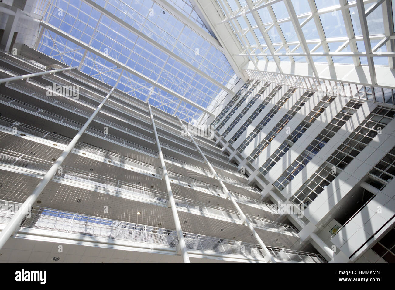 THE HAGUE - JULY 18: Interior of The Hague City Hall. Designed by R. Meier and build in 1995. 4,500 sq. meter atrium flanked by two 10- and 12-storey  Stock Photo