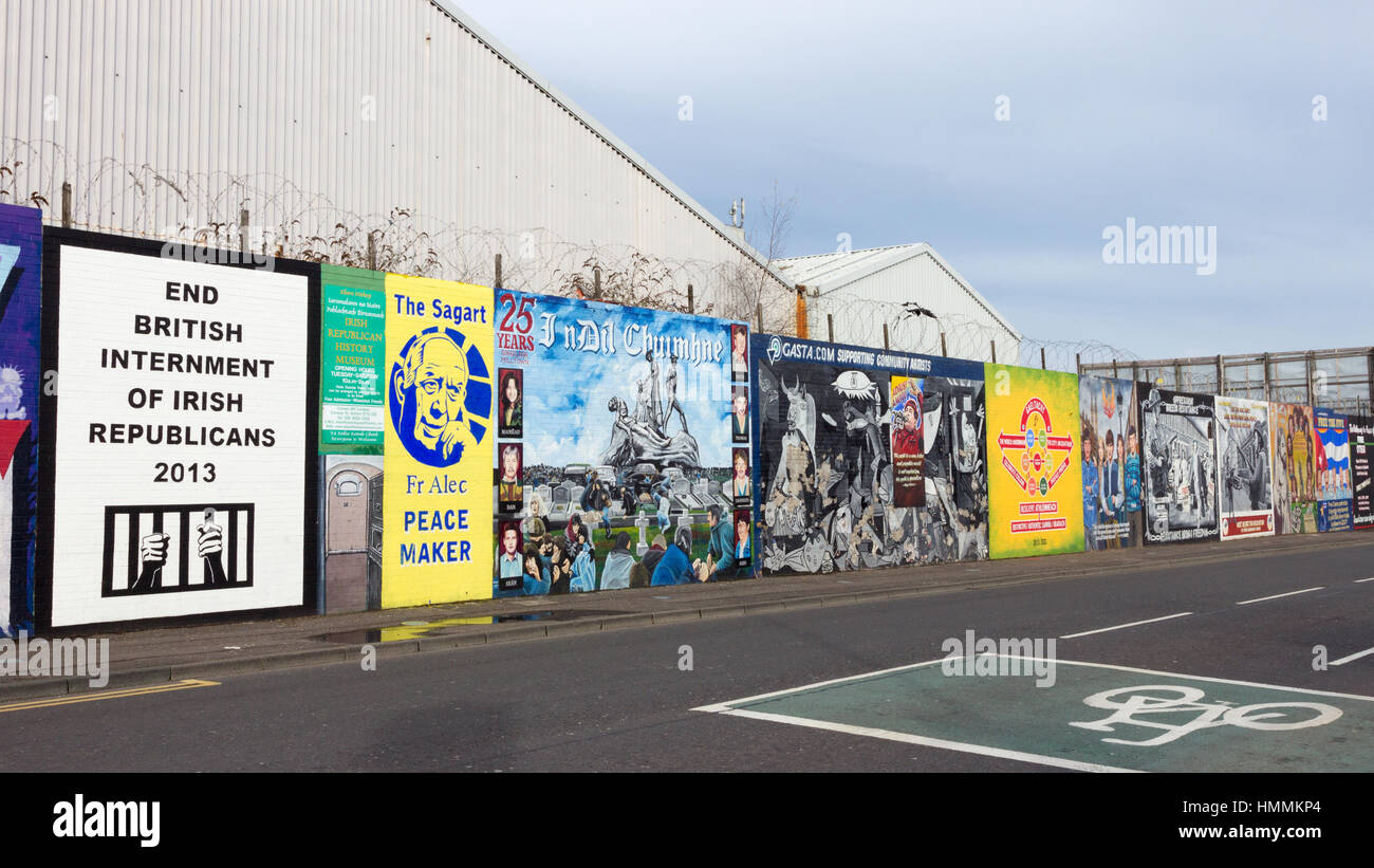 BELFAST, NORTHERN IRELAND - FEB 9, 2014: Political mural in Belfast, Northern Ireland. Falls Road is famous for its political murals. Stock Photo