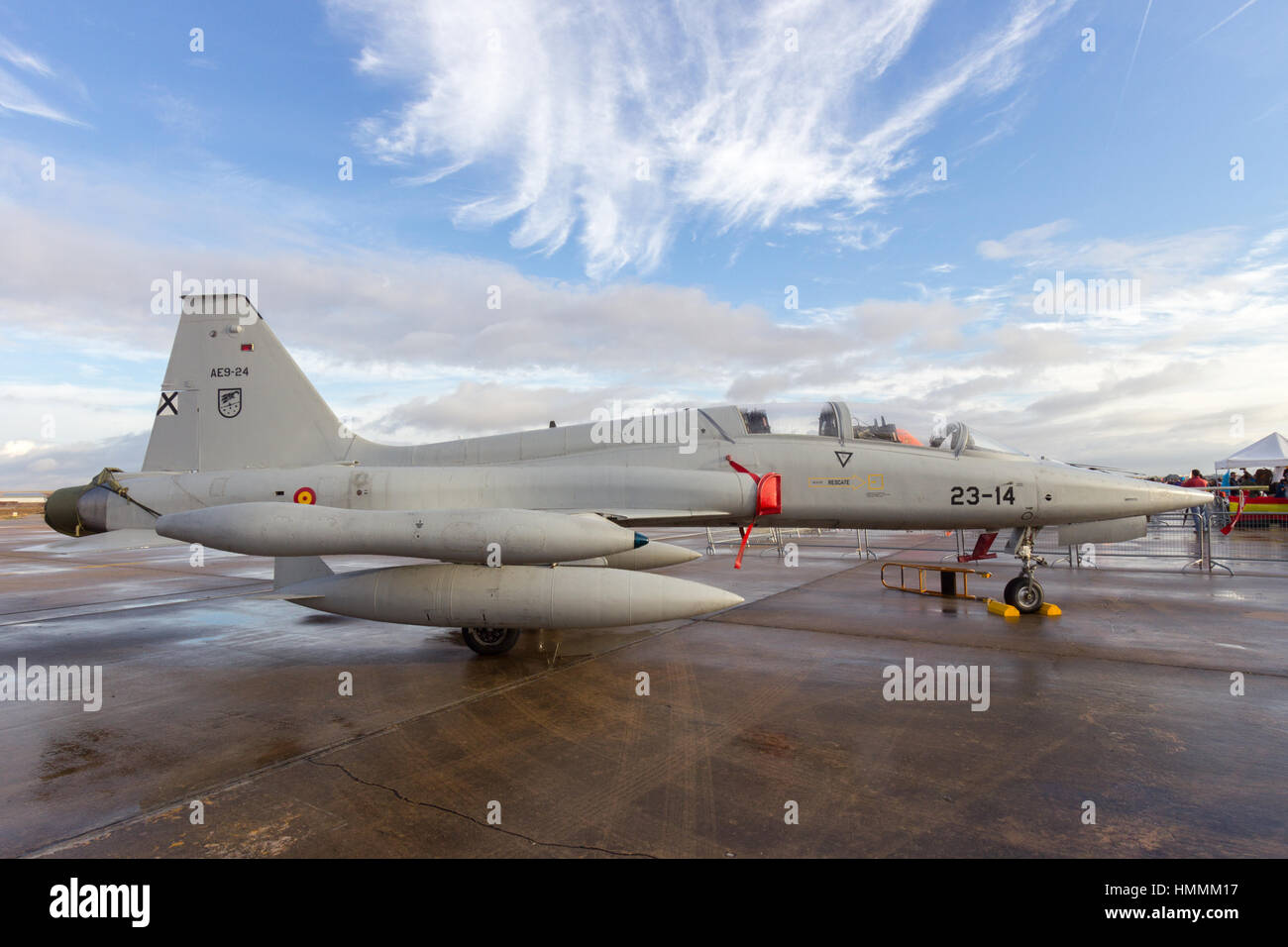 TORREJON, SPAIN - OCT 11, 2014: Spanish F-5 Tiger fighter jet on the tarmac of Torrejon airbase. Stock Photo