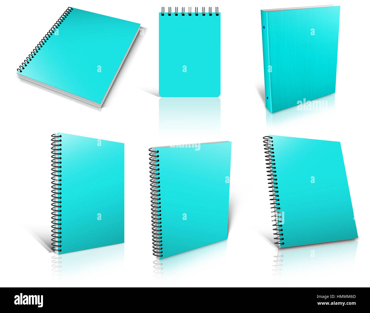 Six cyan spiral blank notepad on white. Ready to be personalized by you. Stock Photo