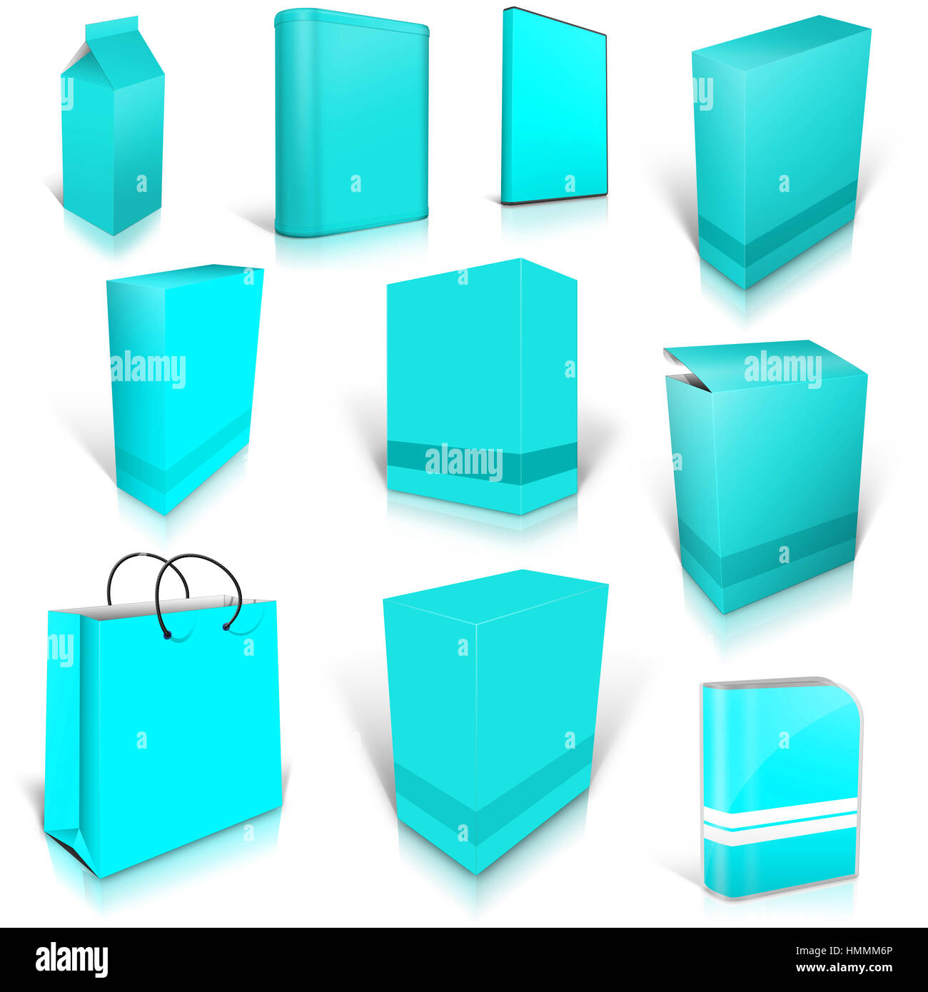 Ten cyan blank boxes isolated on white background ready to be personalized by you. Stock Photo