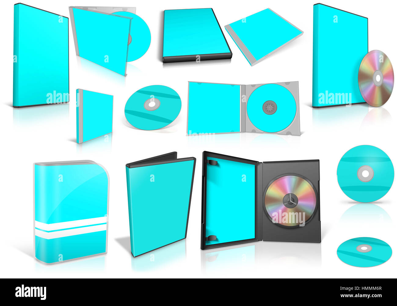 Cyan multimedia disks and boxes on white background. Ready to be personalized by you. Stock Photo
