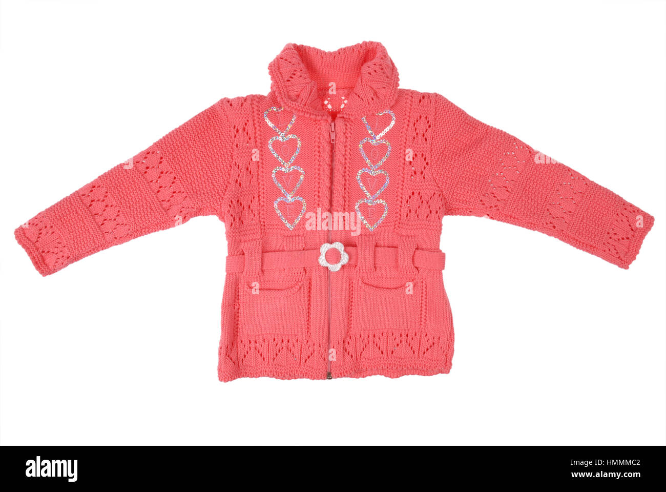 Pink children knitted jacket isolated on white Stock Photo