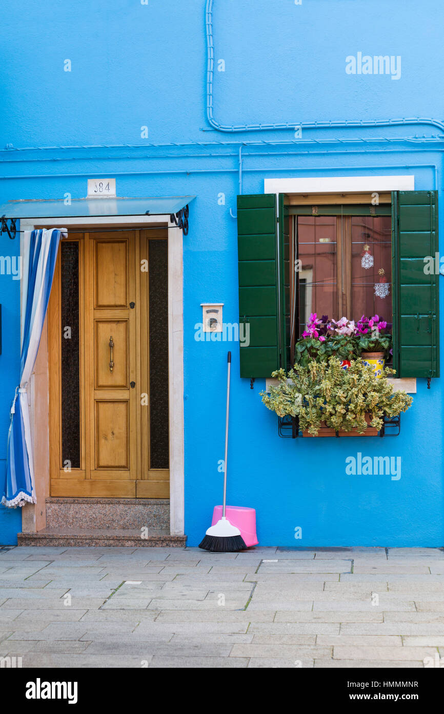 Exterior of blue house at Burano - Bright colors of Burano, Venice, Italy in January Stock Photo