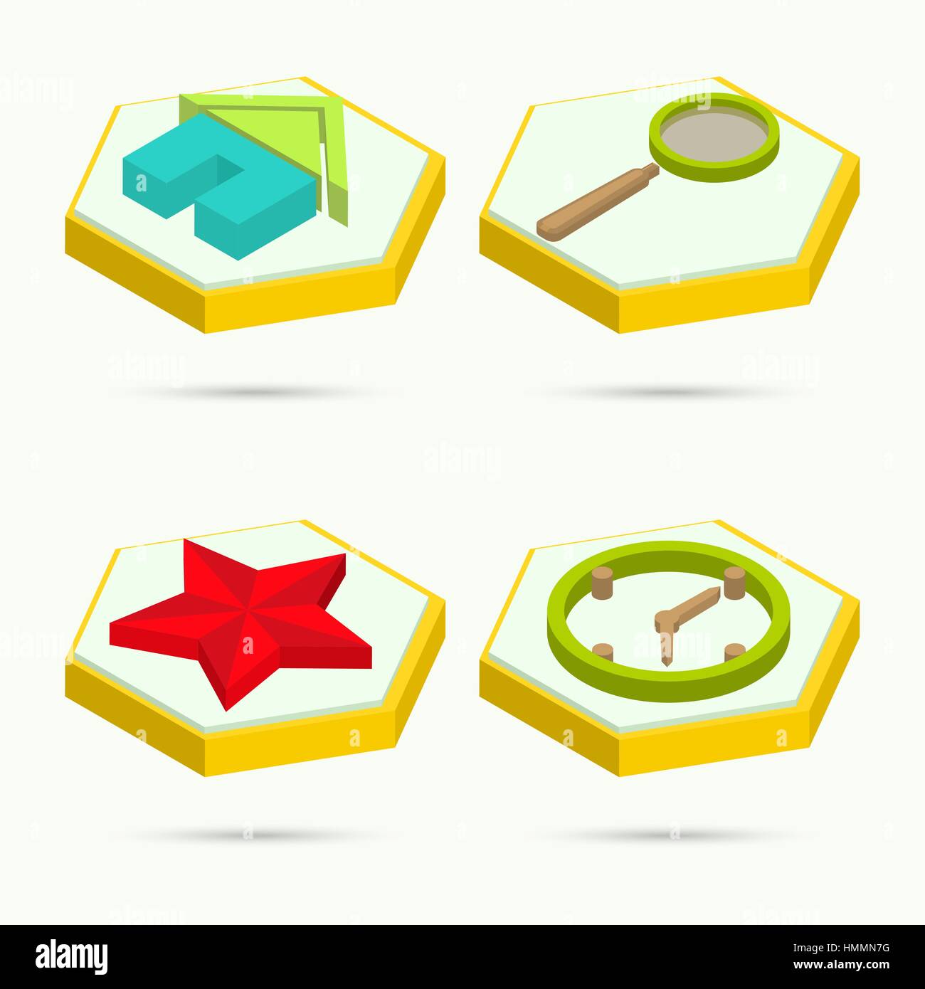 Isometric icons. Collection of four icons. Home. Search. Star. Clock. Vector illustration Stock Vector
