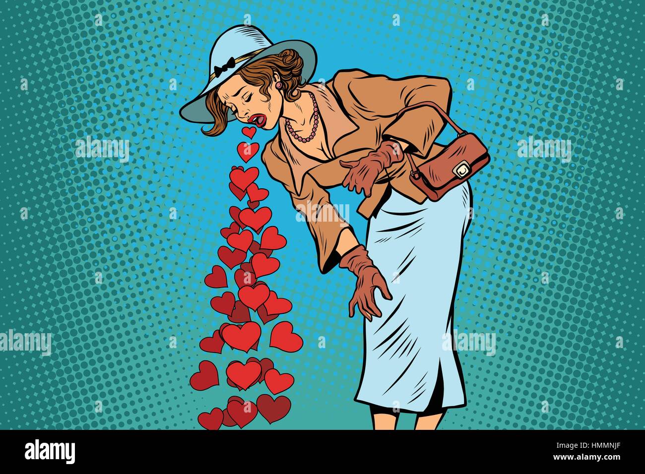 Beautiful retro woman vomiting Valentines heart Stock Vector