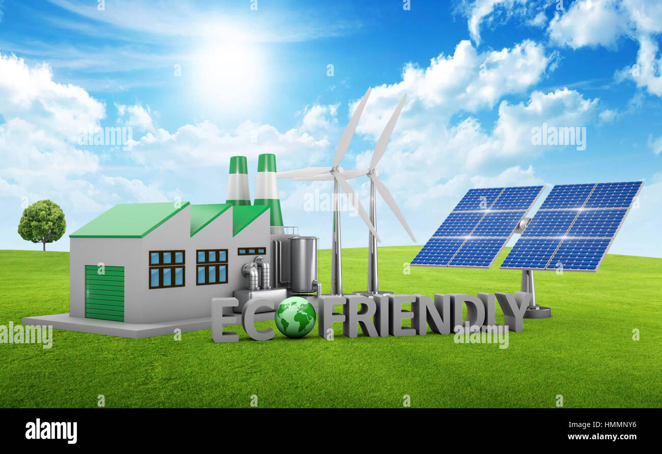 Eco-friendly concept.  Green factory, wind turbines and solar panel  on green lawn with tree. Stock Photo