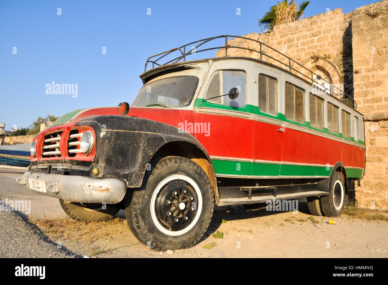 Old traditional bedford bus coaches parked in Limassol lemesos republic of cyprus europe Stock Photo