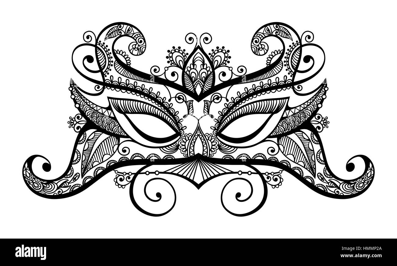 black lineart venetian carnival lace mask silhouette, vector illustration Stock Vector
