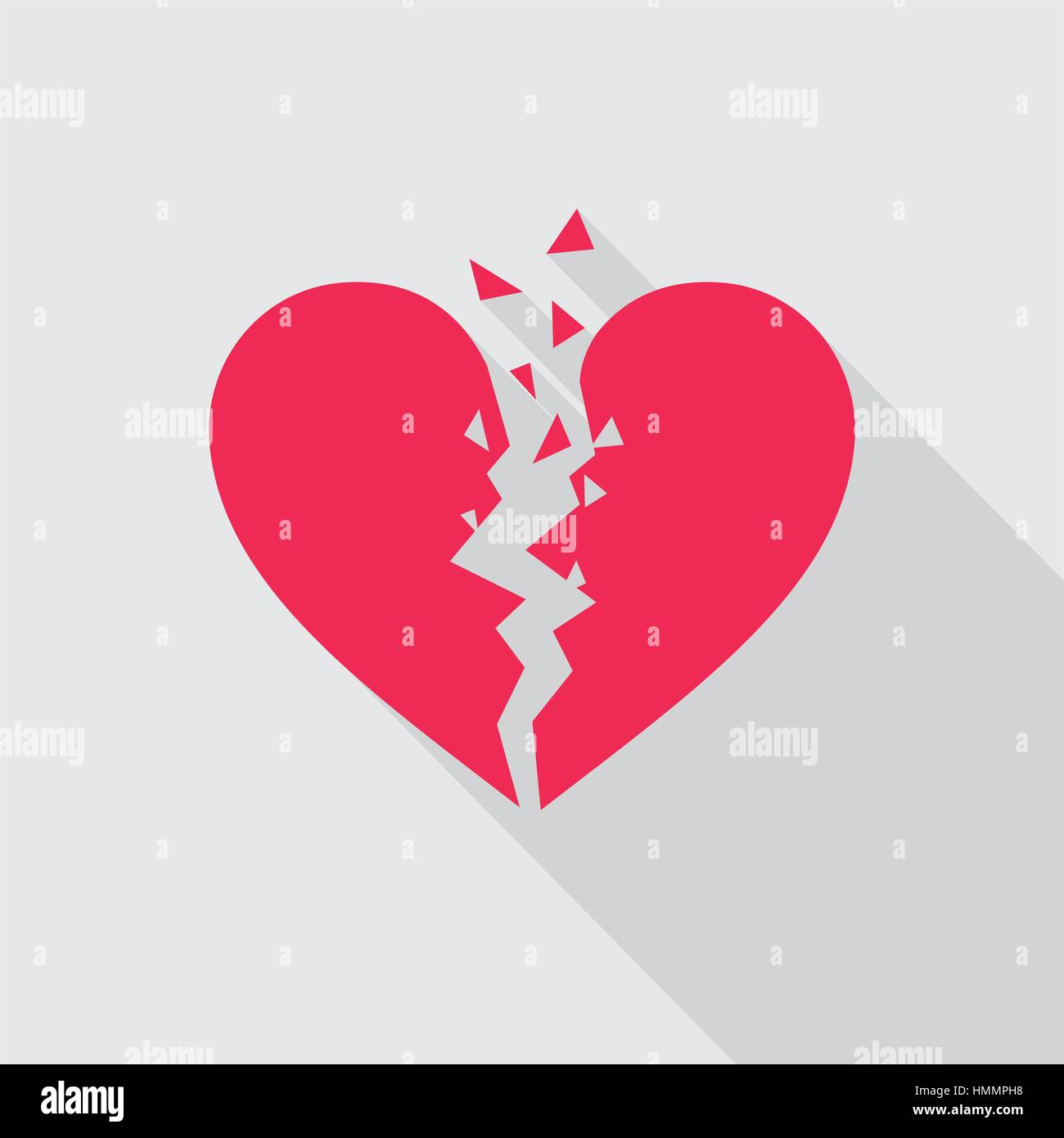 Broken heart flat icon in red color on gray background. Symbol of cracked heart. Vector illustration in EPS8 format. Stock Vector