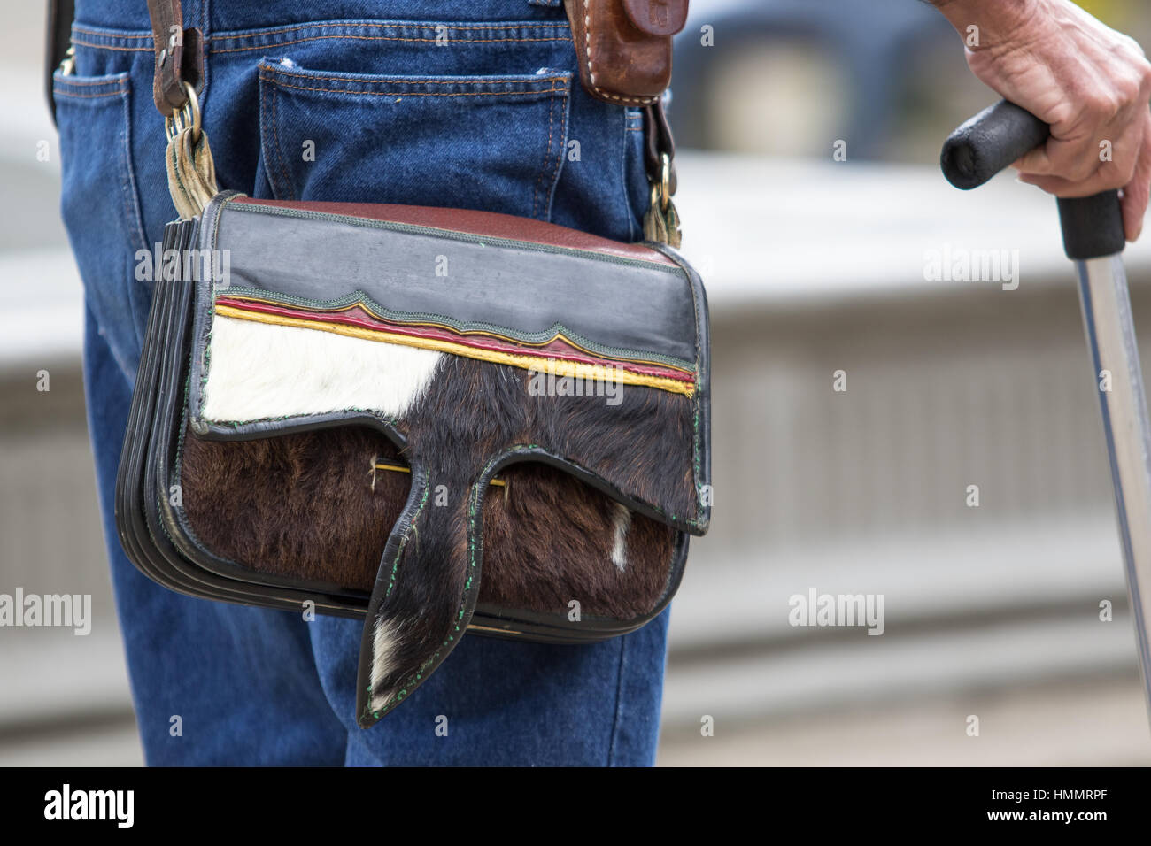 traditional Colombian mans leather shoulder bag called carriel characteristic to the Antioquia region Stock Photo