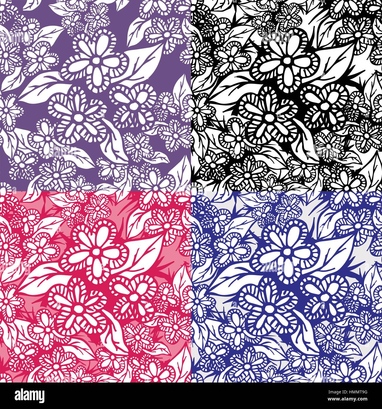 Floral Hand Drawn Seamless Pattern Set Stock Vector