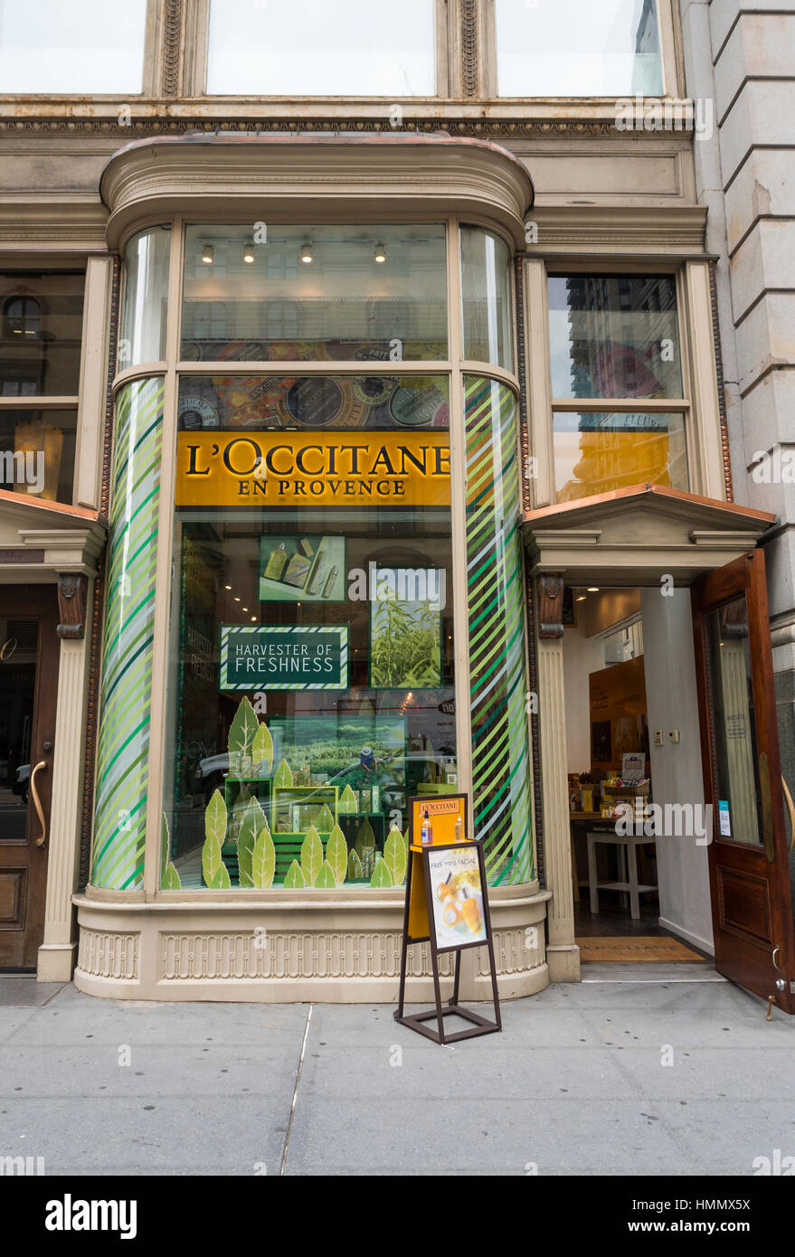 Exterior entrance and window display of a L'Occitane en Provence store on Fifth Avenue. New York Stock Photo