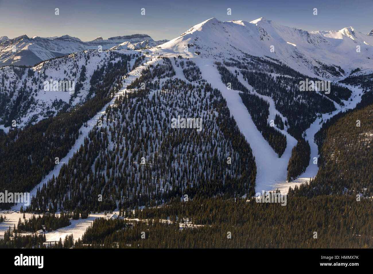 Lake Louise Winter Ski Area Snow Covered Groomed Slopes Aerial View Banff National Park Rocky Mountains Alberta Canada Stock Photo