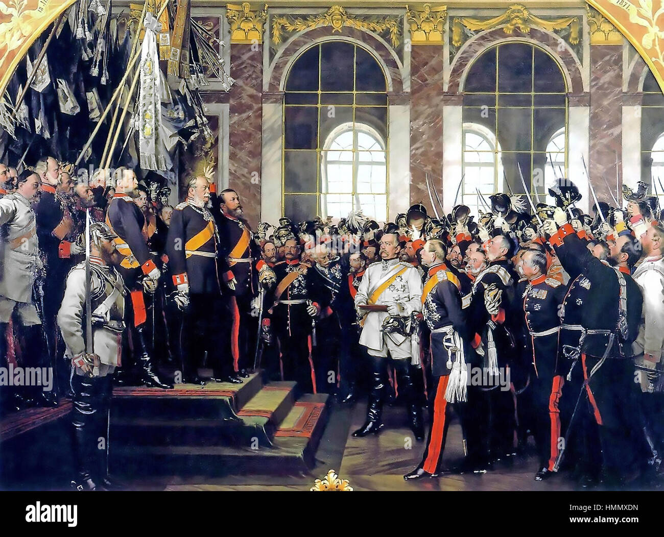 OTTO von BISMARCK (1815-1898) Prussian statesman in white uniform at the proclamation of Wilhelm I as German Emperor in the Versailles Hall of Mirrors  18 January 1871. Painting by Anton von Werner Stock Photo