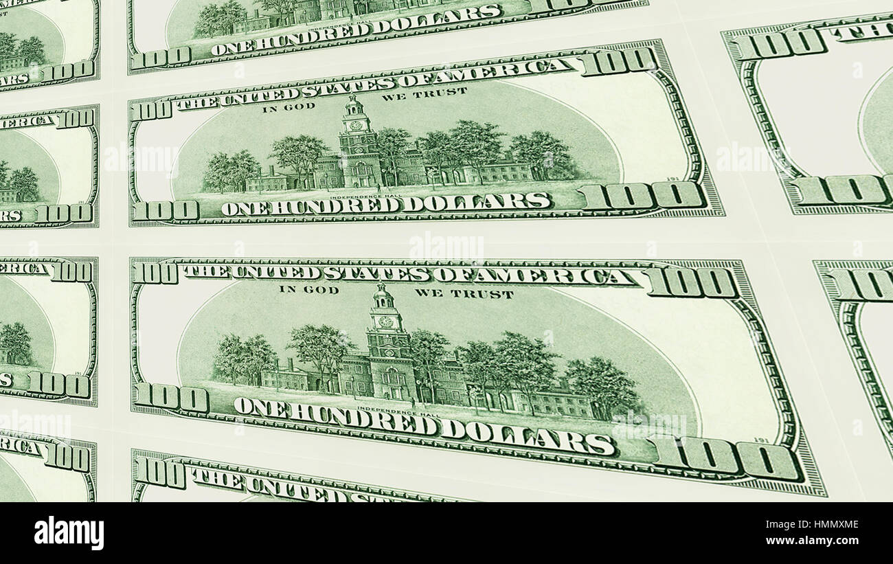 Reverse side of 100 dollar bills 3d perspective Stock Photo
