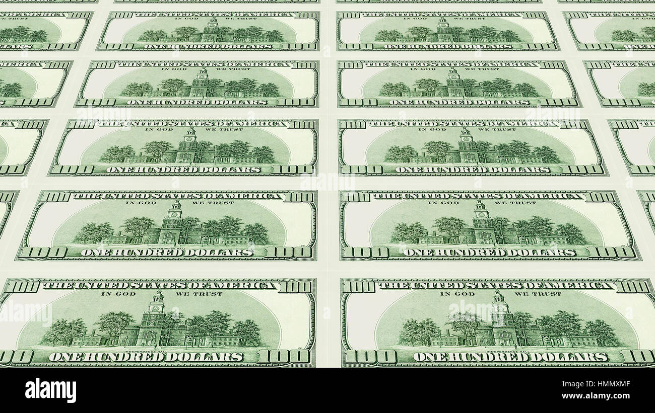 Reverse side of 100 dollar bills 3d perspective Stock Photo