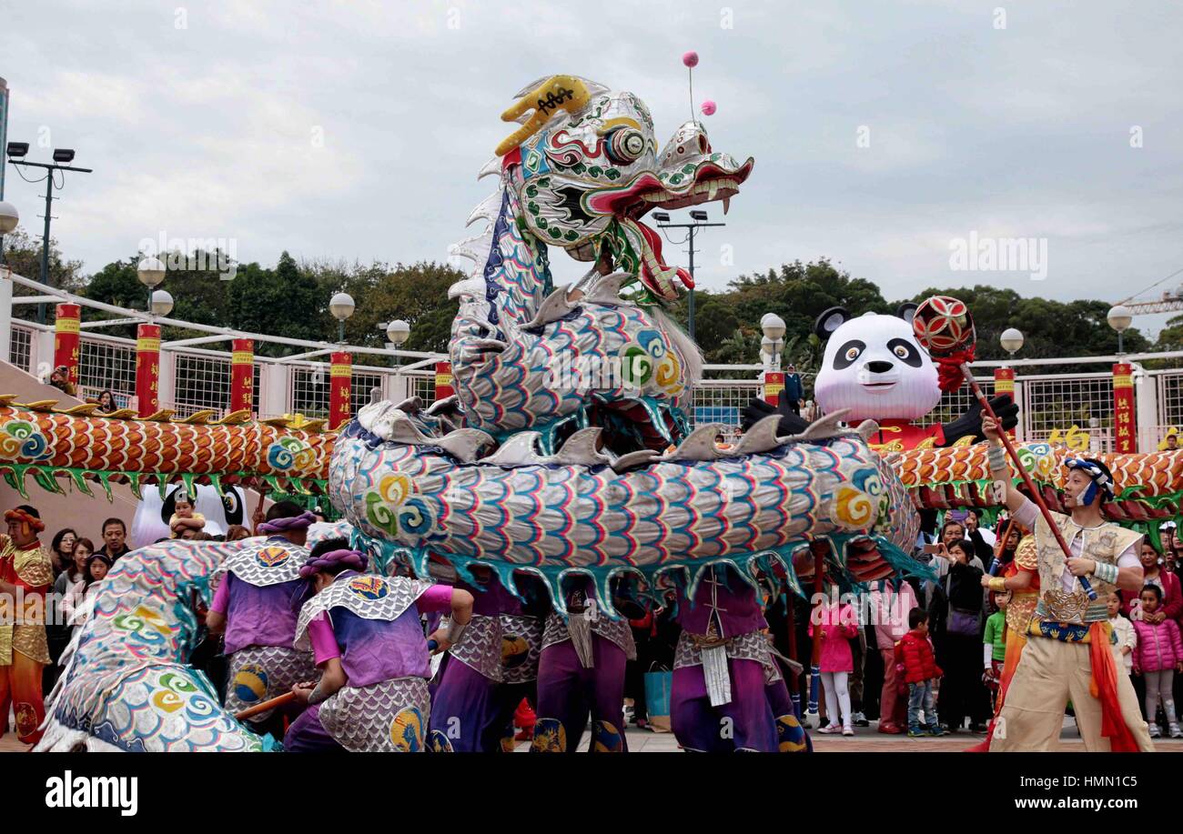 Hong Kong, China. 4th Feb, 2017. People perform dragon dance at a ...
