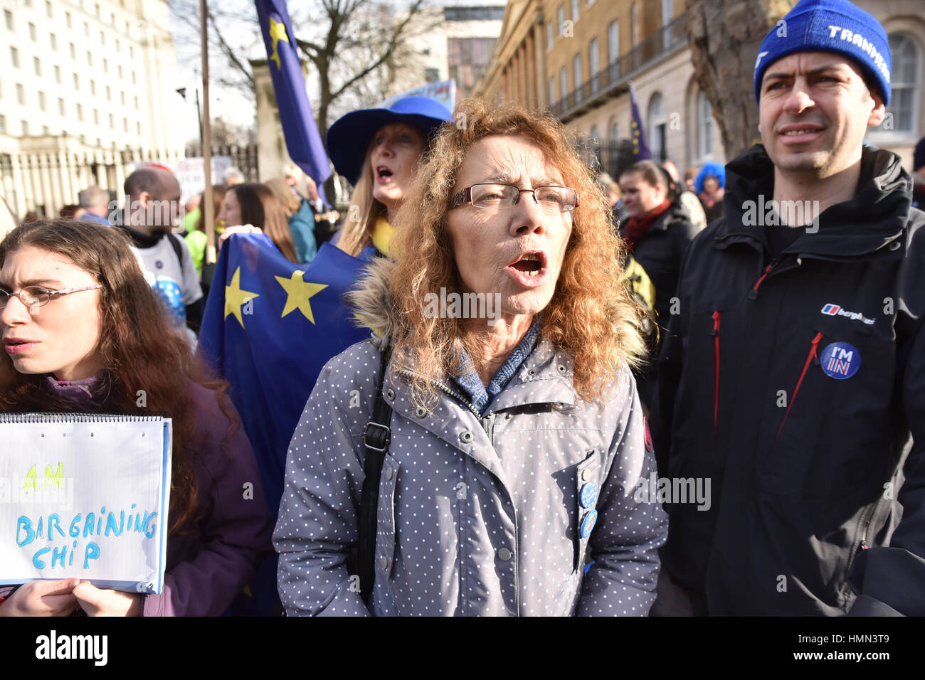 Downing Street, London, UK. 4th February 2017. Protest to delay Article 50 and Brexit opposite Downing Street. Credit: Matthew Chattle/Alamy Live News Stock Photo