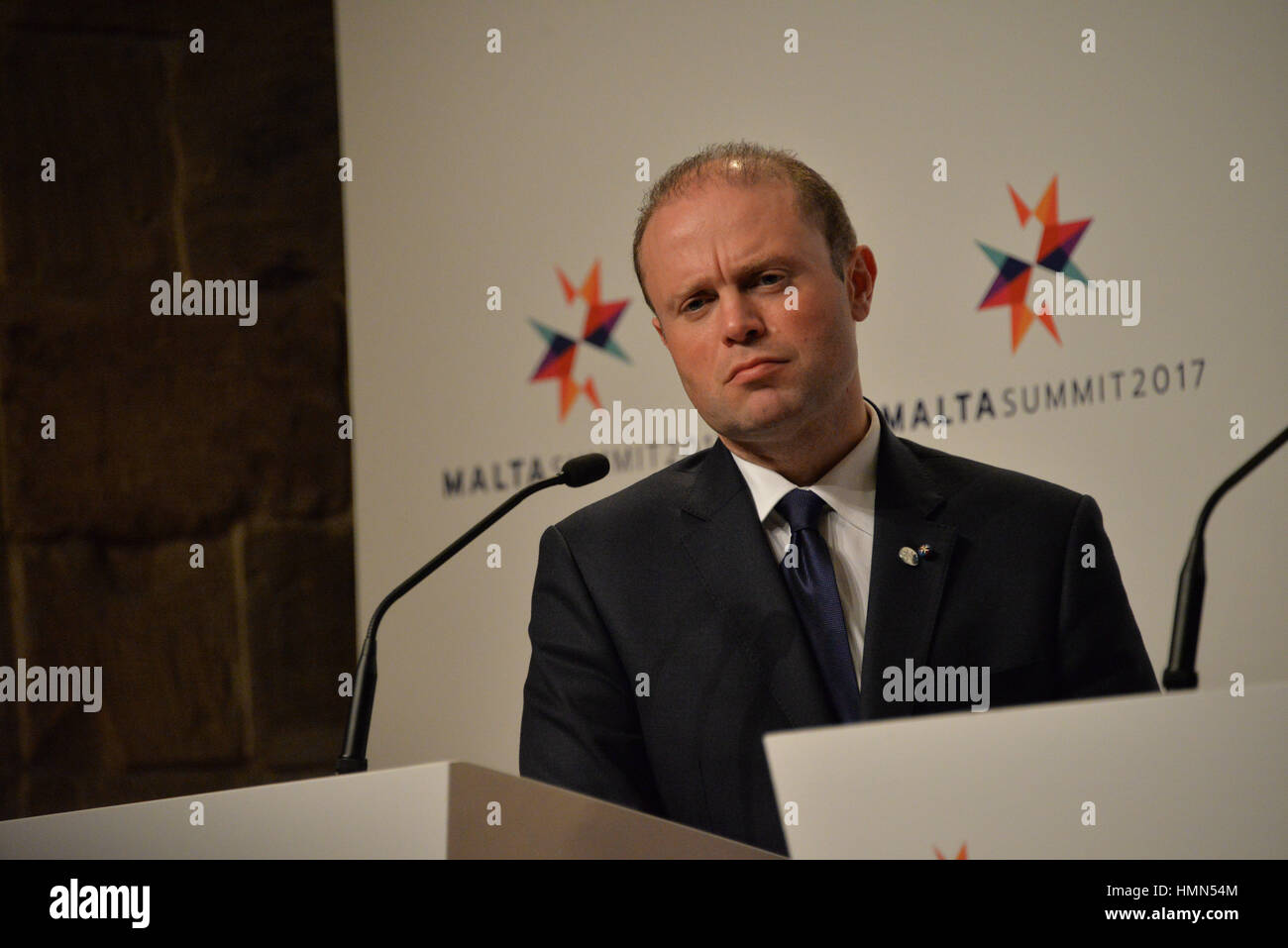 Valletta, Malta. 3rd February, 2017. Maltese Prime Minister Joseph Muscat speaks at a summit of the European Council in Valletta, Malta, Friday, Feb. 3, 2017. A continued flow of migrants from the Middle East and Africa is pressuring the European Council to act with some calling for cooperation with the Libyan government to stem the flow of migrants along the central Mediterranean route. Credit: Kendall Gilbert/Alamy Live News Stock Photo