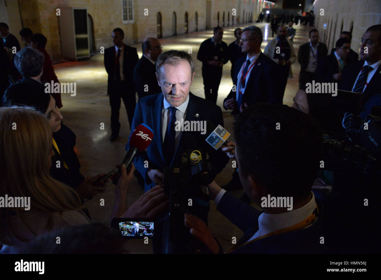 Valletta, Malta. 3rd February, 2017. European Council President Donald Tusk speaking with journalists in Valletta, Malta, Friday, Feb. 3, 2017. A continued flow of migrants from the Middle East and Africa is pressuring the European Council to act with some calling for cooperation with the Libyan government to stem the flow of migrants along the central Mediterranean route. Credit: Kendall Gilbert/Alamy Live News Stock Photo