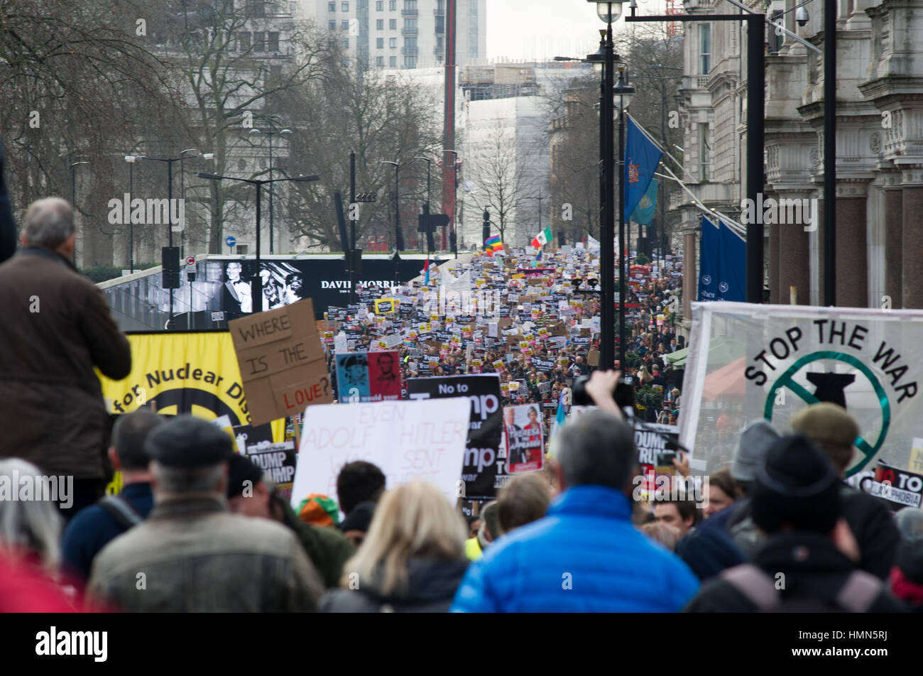 London, England, UK.  4th February 2017. Several people marched through London in protest against the president of the United States Donald Trump’s refugee ban. Andrew Steven Graham/Alamy Live News Stock Photo
