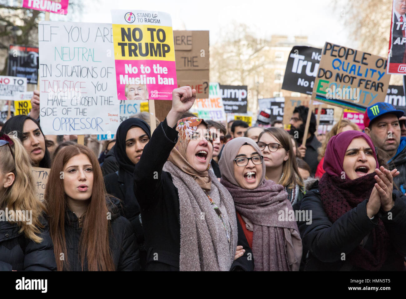 London, UK. 4th February, 2017. Thousands of people march through Central London to protest against the travel restrictions to the United States imposed by Executive Order on seven Muslim-majority countries by President Donald Trump and the lack of strong criticism of those measures by the British Government. The order made by President Trump bans travel to the United States from Iran, Iraq, Syria, Sudan, Somalia, Libya and Yemen. Credit: Mark Kerrison/Alamy Live News Stock Photo
