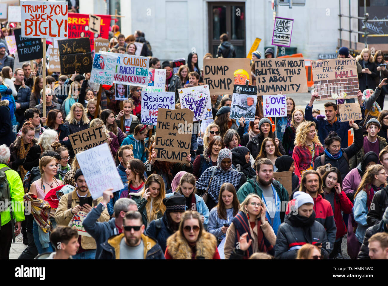 Bristol, UK. 4th February, 2017. Hundreds of people marched through Bristol City centre in protest against US President Donald Trump's ban on 'muslims and refugees' and calling for Trump's state visit to be cancelled. Bristol, UK. 4th February. 2017. Credit: Redorbital Photography/Alamy Live News Stock Photo