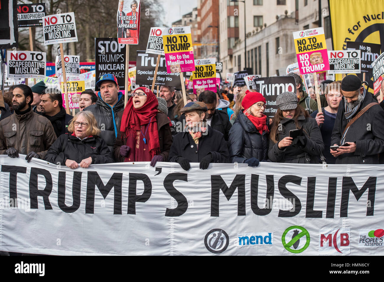 London, UK. 4th February, 2017. A march against racism and to ban the ban (against immigration from certain countries to the USA) is organised by Stand Up To Racism and supported by Stop the War and several unions. It stated with a rally at the US Embassy in grosvenor Square and ended up in Whitehall outside Downing Street. Thousands of people of all races and ages attended. Credit: Guy Bell/Alamy Live News Stock Photo