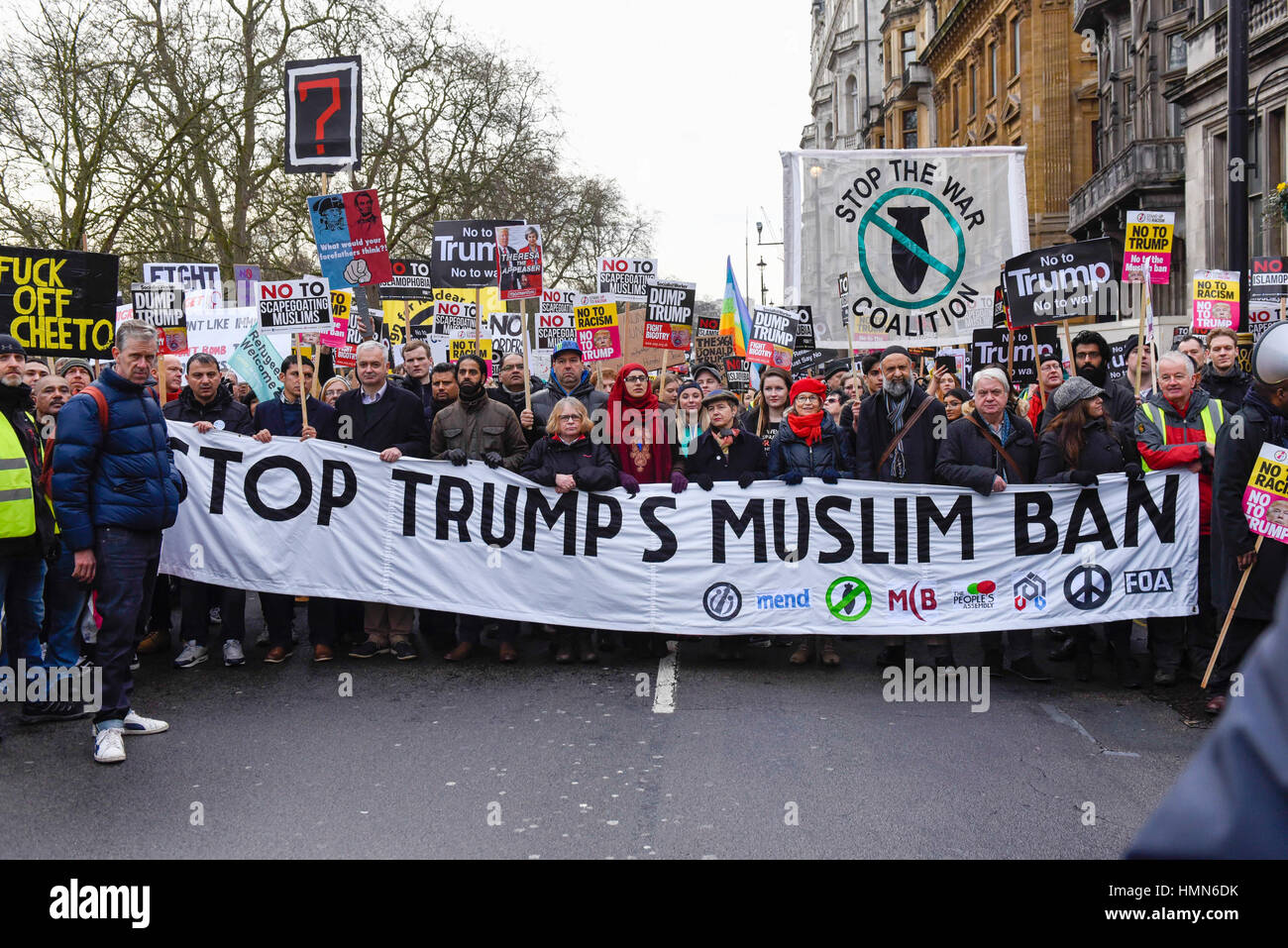 London, UK.  4 February 2017.  Thousands of people, standing against racism and Islamophobia, are seen on Piccadilly, marching from the U.S. Embassy to Whitehall to oppose the travel ban on Muslims, from seven countries, imposed by Donald Trump, U.S. President.  © Stephen Chung / Alamy Live News Stock Photo