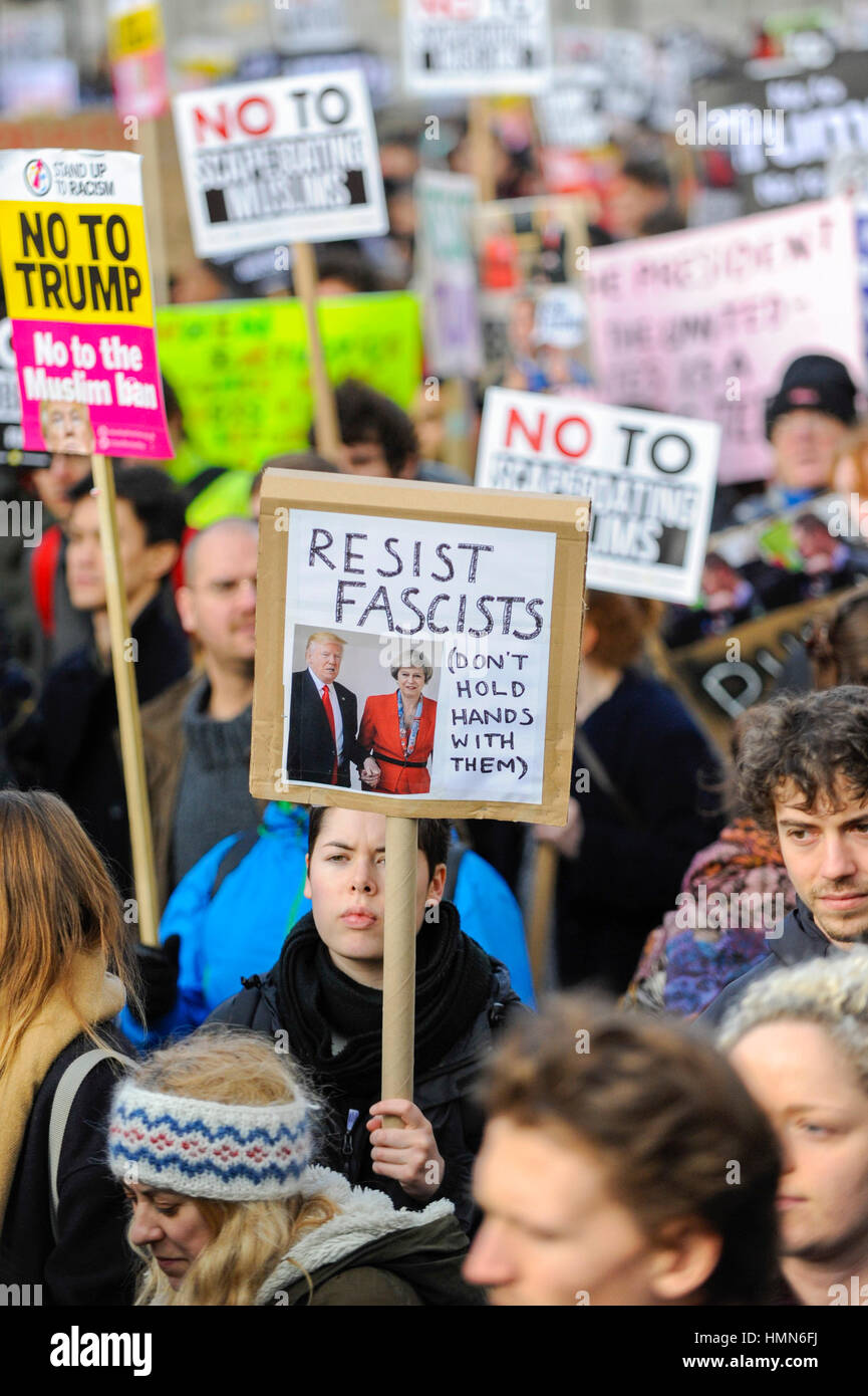 London, UK.  4 February 2017.  Thousands of people carrying placards and standing against racism and Islamophobia, are seen outside Downing Street on Whitehall, to oppose the travel ban on Muslims, from seven countries, imposed by Donald Trump, U.S. President.  © Stephen Chung / Alamy Live News Stock Photo
