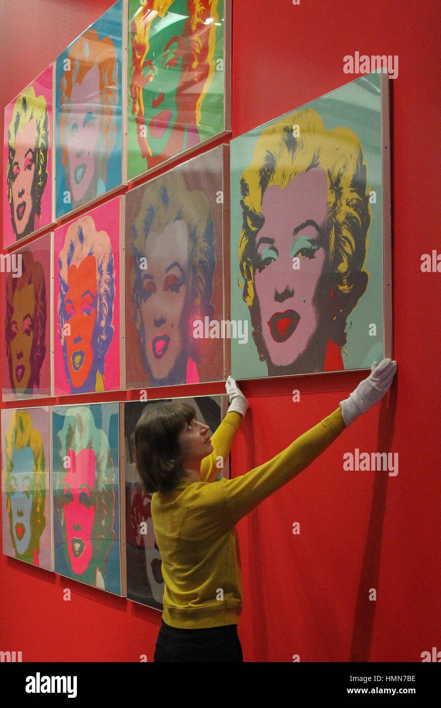 London, UK. 10th Feb, 2017. Project curator Catherine Daunt checks 10 'Marilyn' screenprints by Andy Warhol (1967) as they are installed in The British Museum's Sainsbury Exhibition Gallery ahead of the opening of the Museum's exhibition The American Dream: pop to present on March 9. Mandatory credit: © 2016 The Andy Warhol Foundation for the Visual Arts, Inc./Artists Rights Society (ARS), New York and DACS, London Credit: Roger Garfield/Alamy Live News Stock Photo