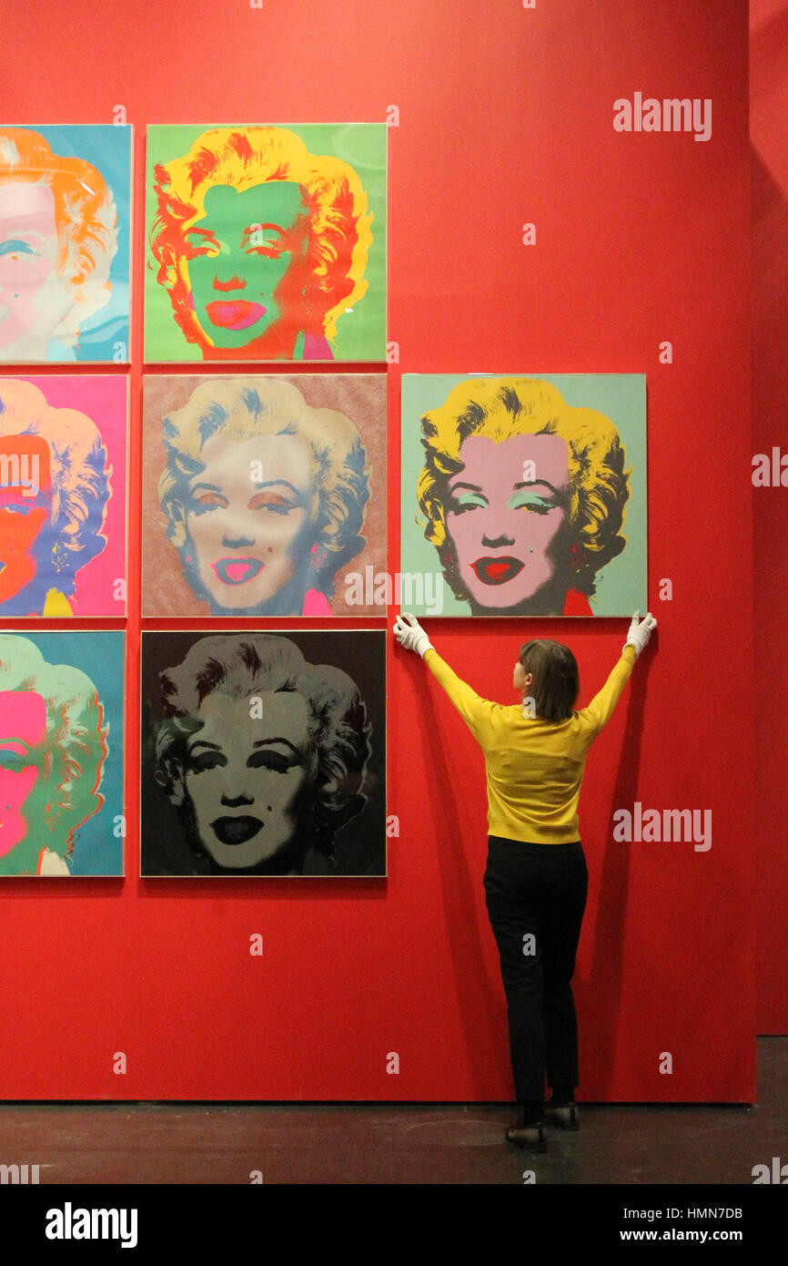 London, UK. 10th Feb, 2017. Project curator Catherine Daunt checks 10 'Marilyn' screenprints by Andy Warhol (1967) as they are installed in The British Museum's Sainsbury Exhibition Gallery ahead of the opening of the Museum's exhibition The American Dream: pop to present on March 9. Mandatory credit: © 2016 The Andy Warhol Foundation for the Visual Arts, Inc./Artists Rights Society (ARS), New York and DACS, London Credit: Roger Garfield/Alamy Live News Stock Photo