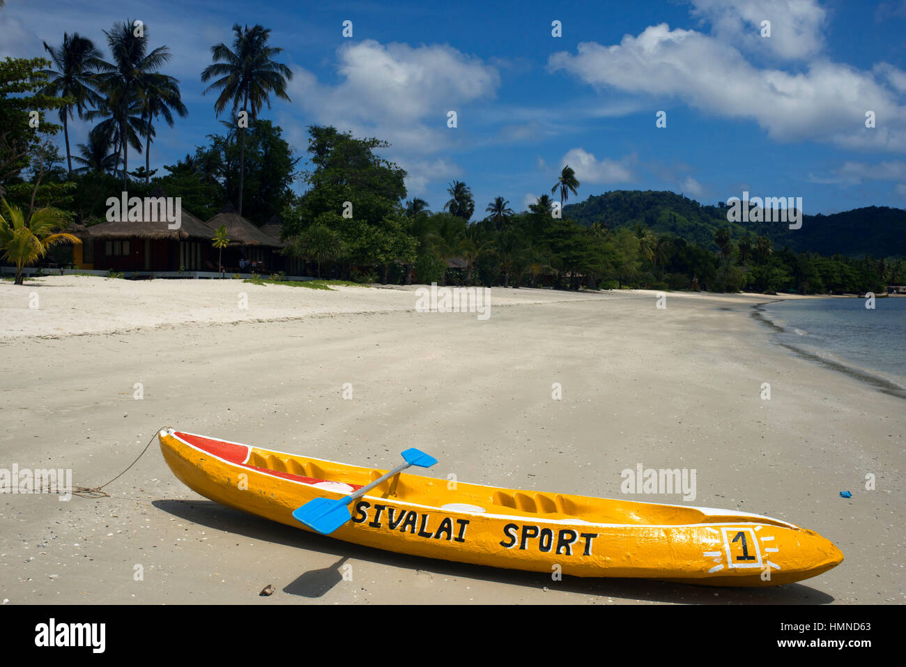 Kayak on a Hotel on a palmlined beach, Koh Mook Sivalai Beach Resort Hotel, island of Ko Muk or