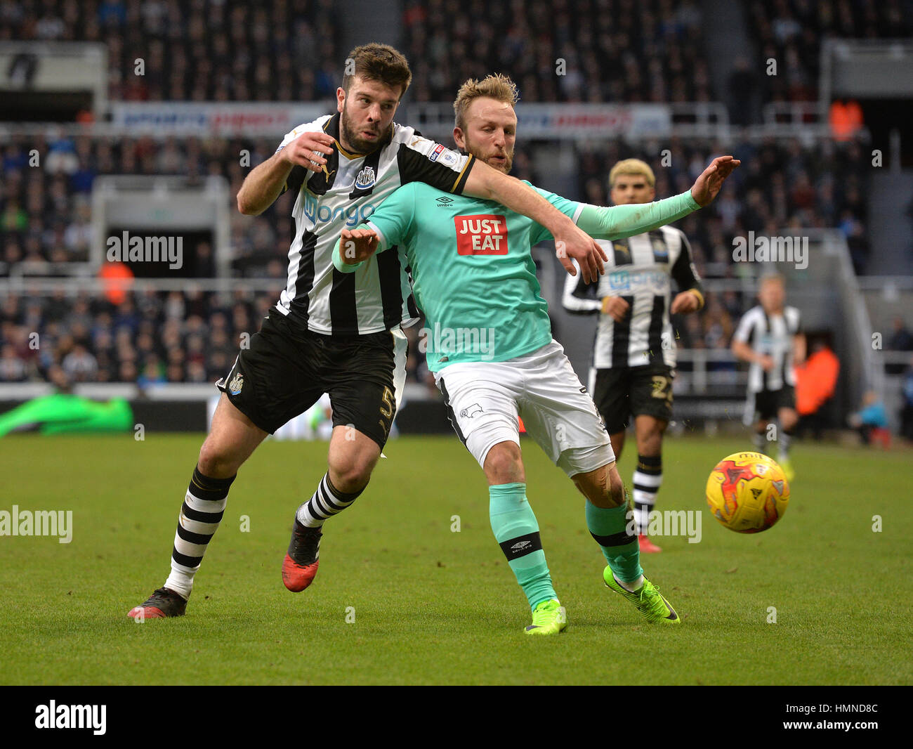 Newcastle United's Grant Hanley (left) and Derby County's Johnny ...