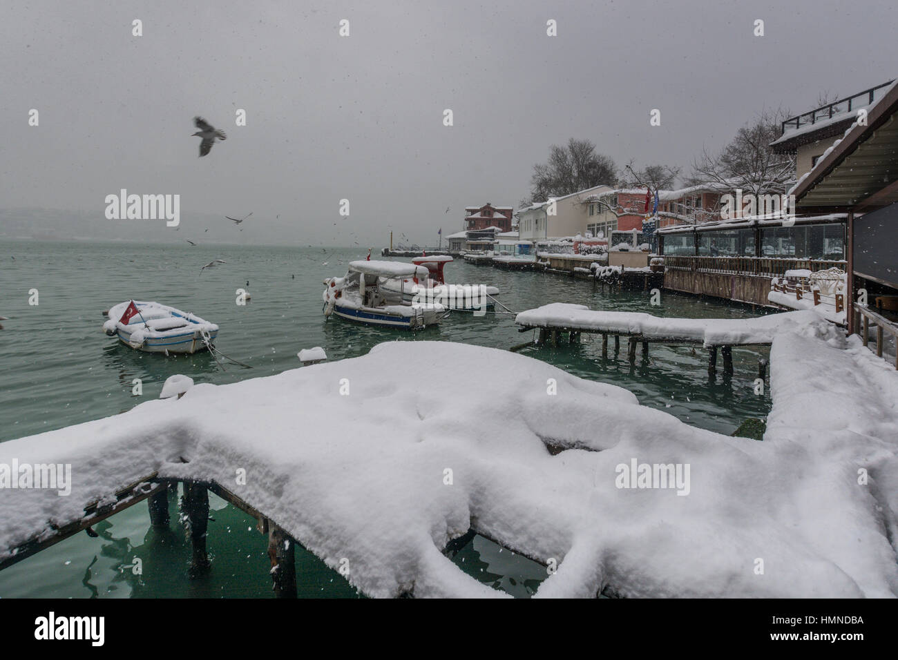 Cengelkoy waterfront with boats at winter,Bosphorus shores,Istanbul,Turkey Stock Photo