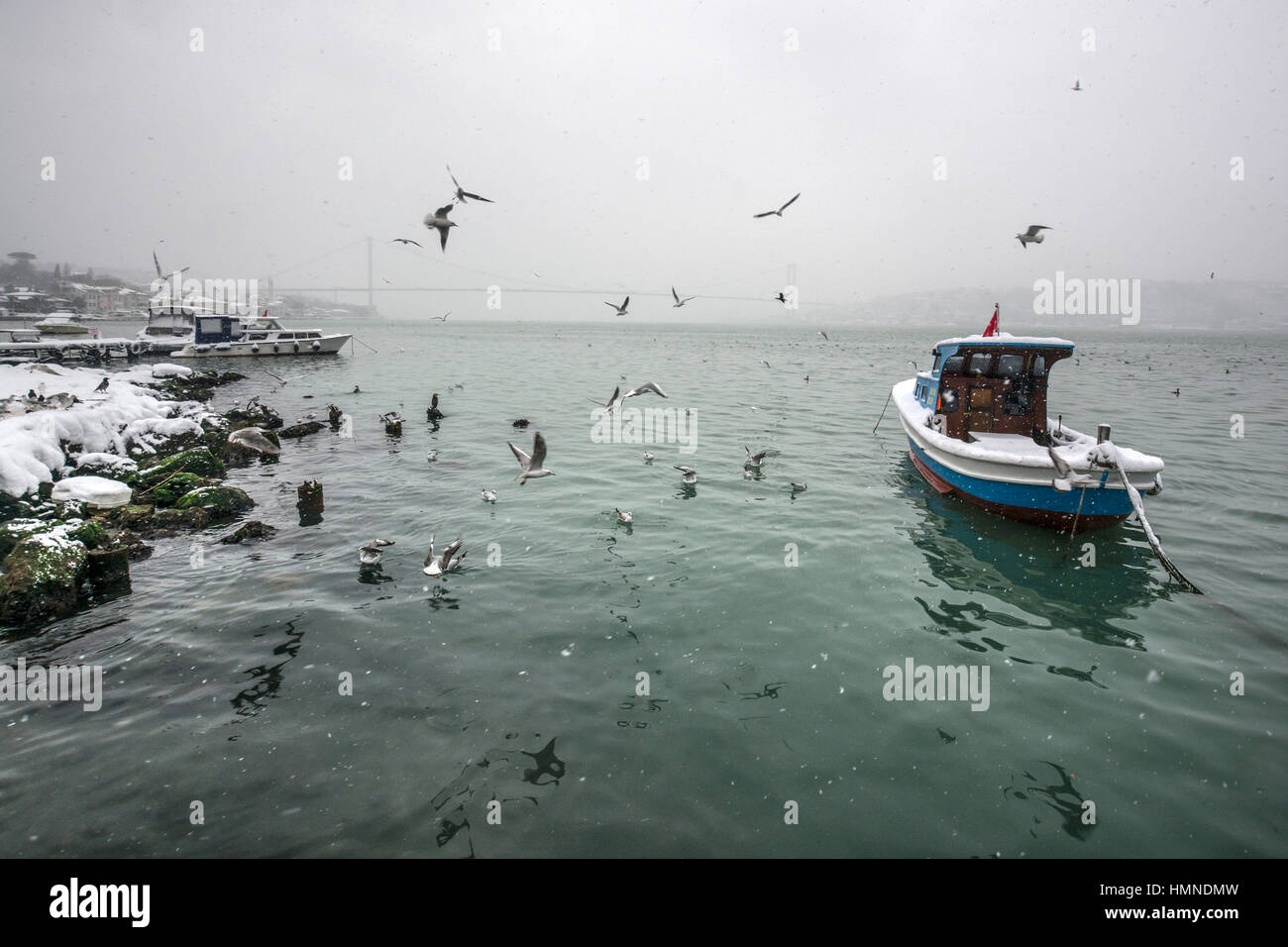 Cengelkoy waterfront with boats at winter,Bosphorus shores,Istanbul,Turkey Stock Photo