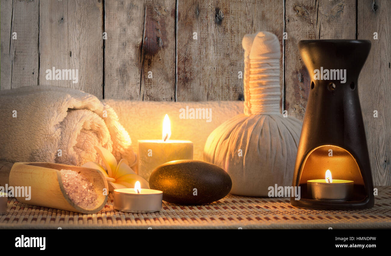 burning candles in spa wellness Stock Photo