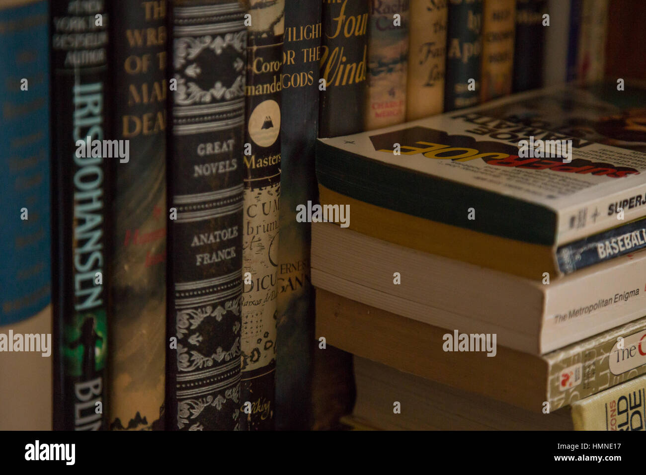 Old books sitting on a bookshelf Stock Photo Alamy
